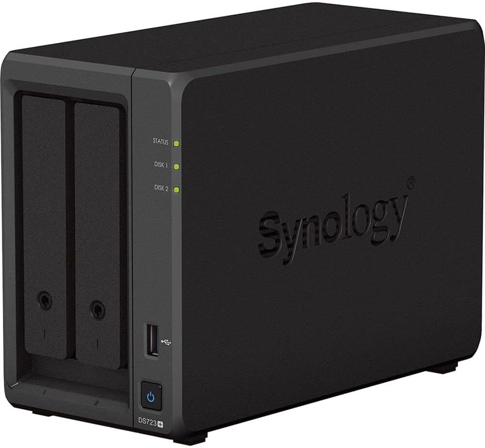 Synology DiskStation DS723+ NAS Server with Ryzen 2.6GHz CPU, 32GB Memory, 20TB HDD Storage, 1TB M.2 NVMe SSD, 2 x 1GbE LAN Ports, DSM Operating System