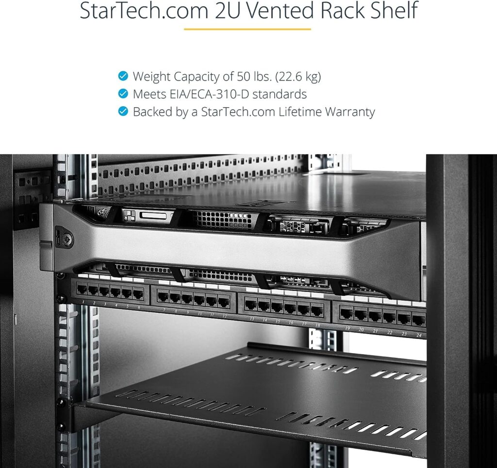 StarTech.com 2U Server Rack Shelf - Universal Vented Rack Mount Cantilever Tray for 19 Network Equipment Rack  Cabinet - Heavy Duty Steel - Weight Capacity 50lb/23kg - 16 Deep Shelf (CABSHELFV)