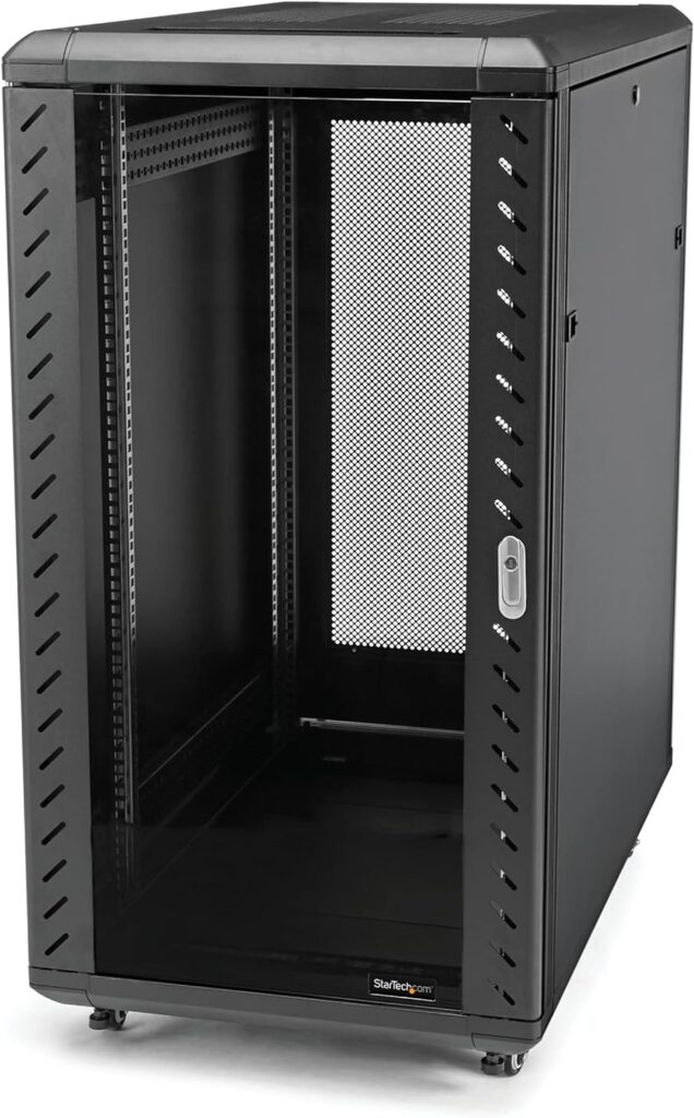 StarTech.com 22U Server Rack Cabinet with secure locking door - 4 Post Adjustable Depth (5.5 to 28.7) - 1768 lb capacity - 19 inch Portable Network Equipment Enclosure on wheels/casters (RK2236BKF)