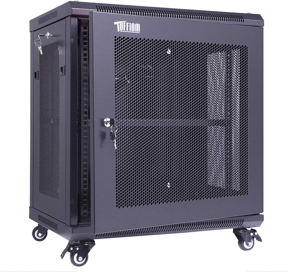 TUFFIOM 12U Casters Network Enclosure, 19 Inch Consumer Series Server Equipment Rack, Computer Date IT Network Cabinet Include 3 Side Panel Locks, Cooling Fan, No Assembly Required