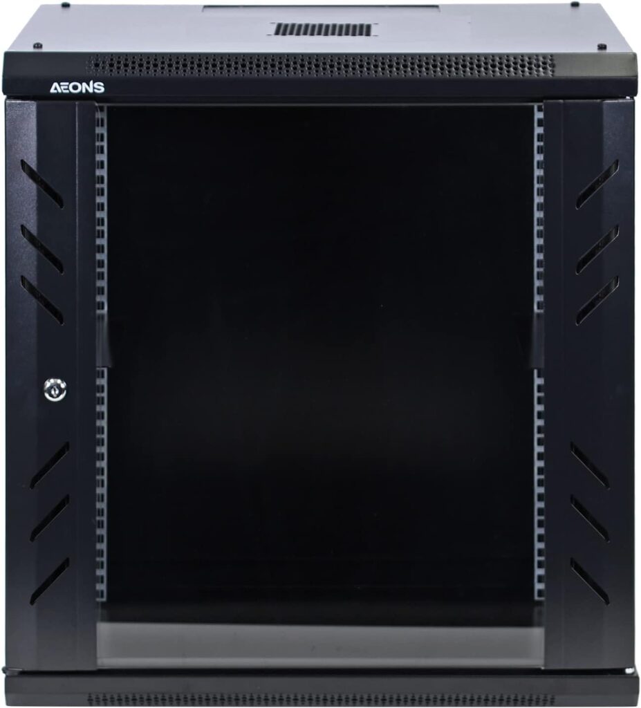 AEONS Pro Series Wall Mount Floor Standing 19-Inch IT Server Rack Network Cabinet Enclosure 12U 24 Mid-Depth Glass Door Black