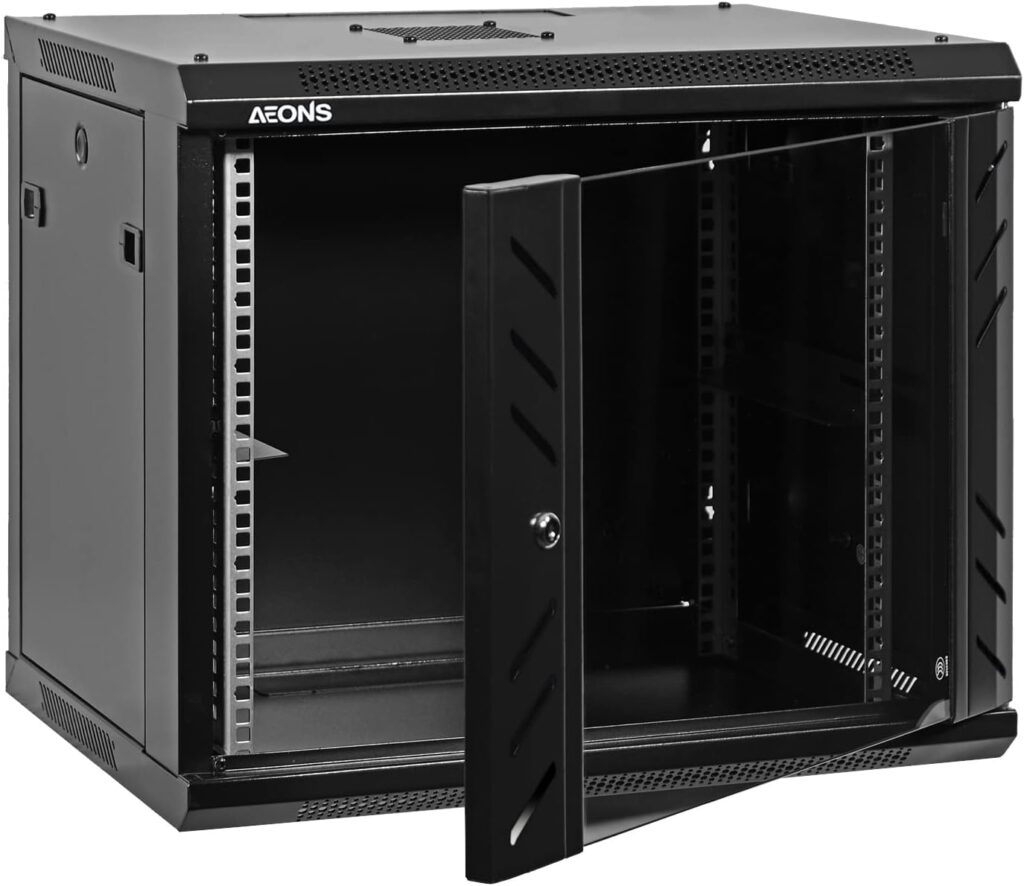 AEONS Pro Series Wall Mount Floor Standing 19-Inch IT Server Rack Network Cabinet Enclosure 12U 24 Mid-Depth Glass Door Black