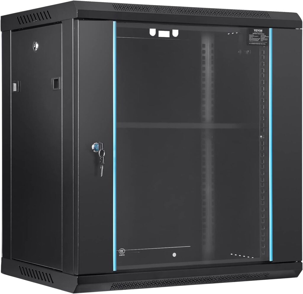 VEVOR 12U Wall Mount Network Cabinet, 15.5 Deep Server Rack Cabinet Enclosure, 200 lbs Max. Ground-Mounted Load Capacity, with Locking Glass Door Side Panels, for IT Equipment, A/V Devices