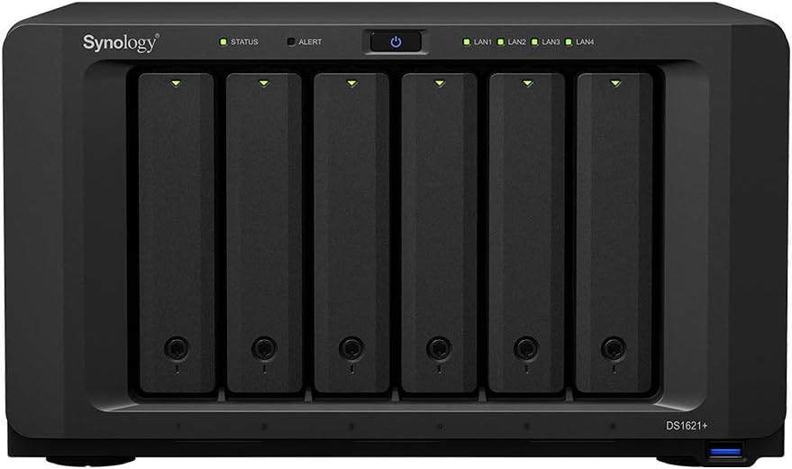 Synology DiskStation DS1621+ NAS Server with Ryzen 2.2GHz CPU, 32GB Memory, 48TB HDD Storage, 1TB M.2 NVMe SSD, 4 x 1GbE LAN Ports, DSM Operating System