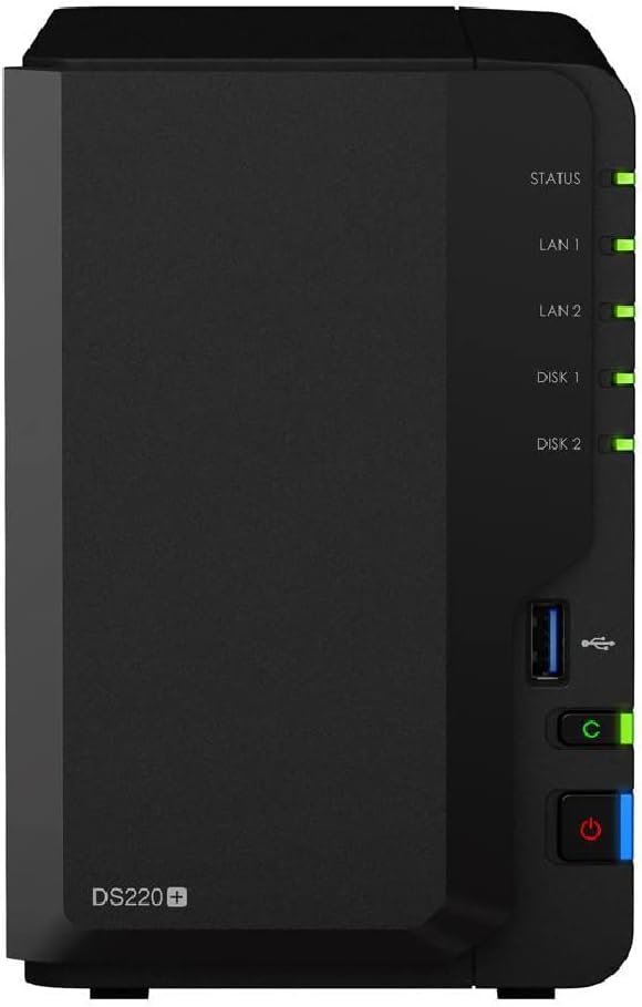 Synology DiskStation DS220+ NAS Server with Celeron 2.0GHz CPU, 6GB Memory, 16TB HDD Storage, 2 x 1GbE LAN Ports, DSM Operating System